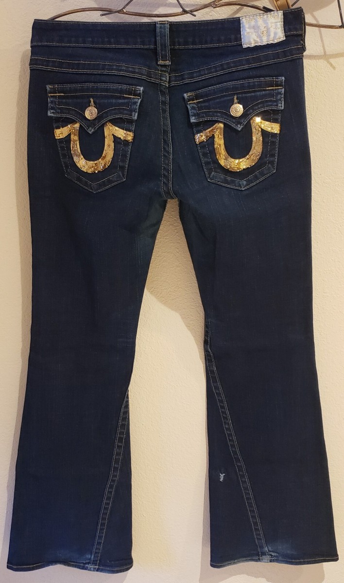 TRUE RELIGION フレアデニム 32x33 TRUE RELIGION Gold Sequin Flap Pockets Dark Wash Flare Leg