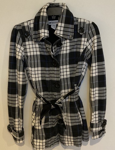Self Esteem Women’s Small Black White Plaid Belted Single Breasted Jacket Coat