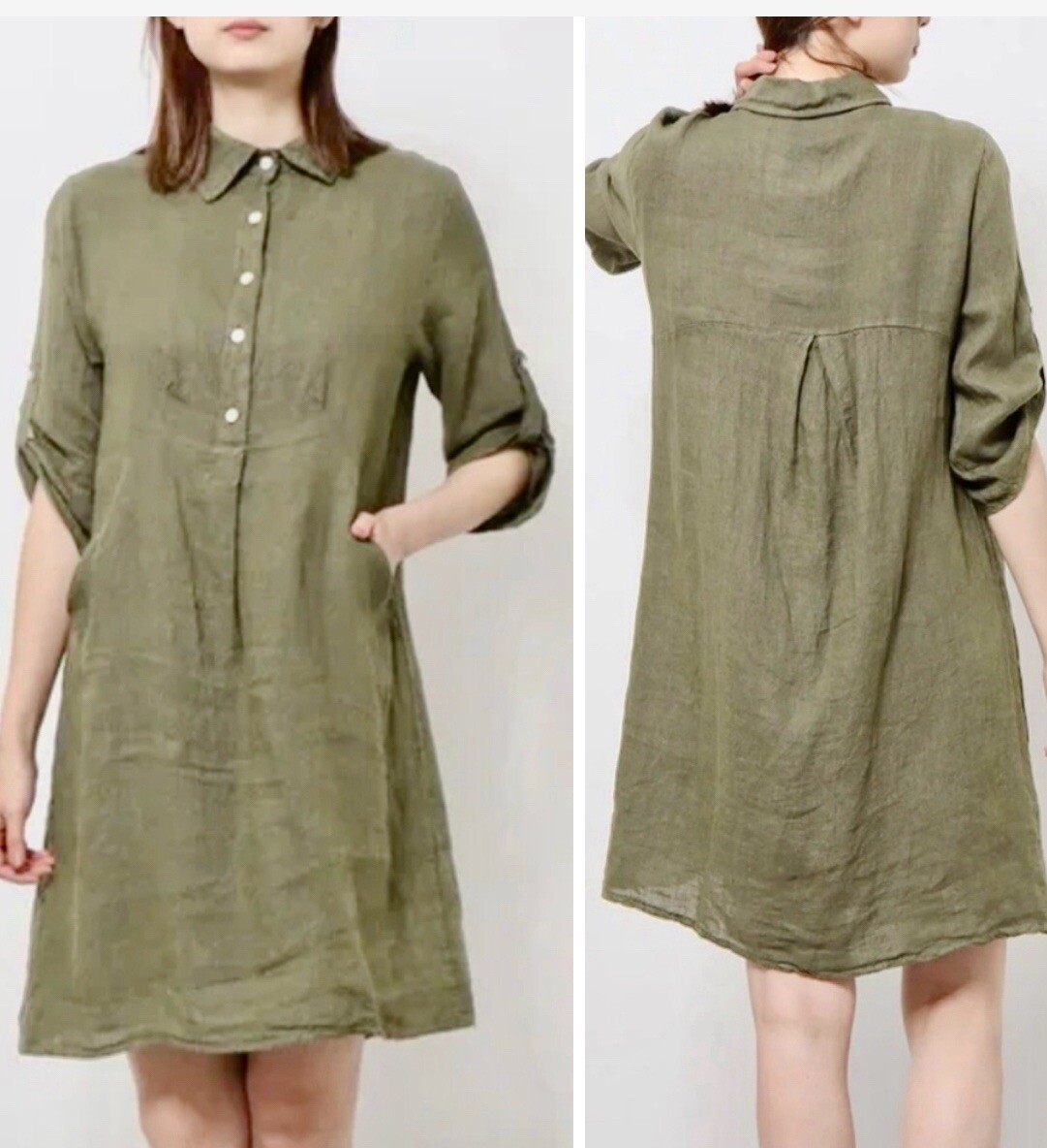 ELENA BALDI 100% LINEN KHAKI GREEN TAB SLEEVE SHIRT POCKETS DRESS ITALY  SIZE S