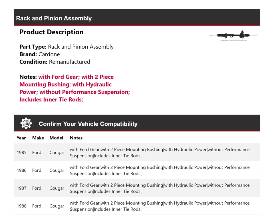 Conjunto de piñón y cremallera para Ford Cougar 1985-1988 Cardone 1986 1987 Foto 2 de 4
