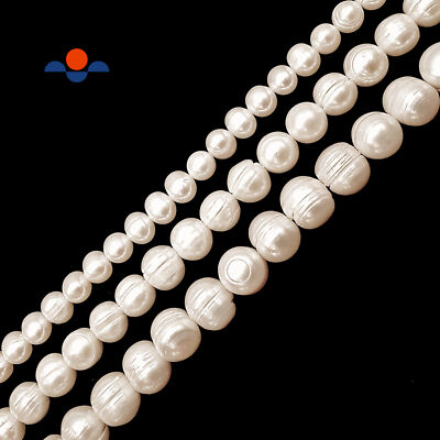 Fresh Water Pearl White Ringed Potato Round Beads 5mm 6mm 8mm 10mm 12mm 14''Strd