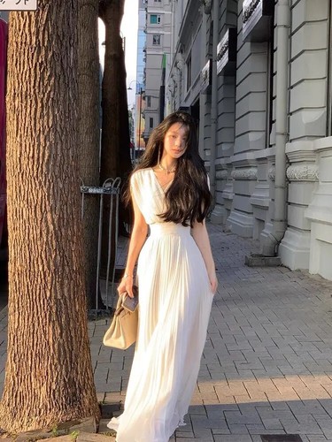 Solid Pleats Long Dresses V Neck Holiday Party Vestidos Women High Waist Wedding - Bild 11 von 25