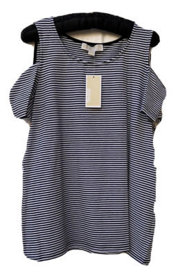 New $59 Michael Kors Striped Cold Shoulder Black/White Top Women Large Logo A123