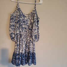 Eliza J Floral Blue/White Dress With Ruffle Hem Off The Shoulder (SIZE 10)