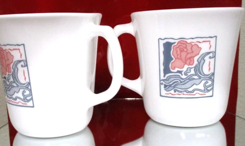 Set of 2 Corning Rose Teacup D Handle Coffee Mugs M'Wave OK Porcelain USA EUC