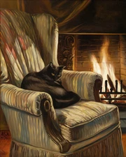 Black Cat by Fireplace | Victorian Realism Scene | Vintage Oil Print Museum Art