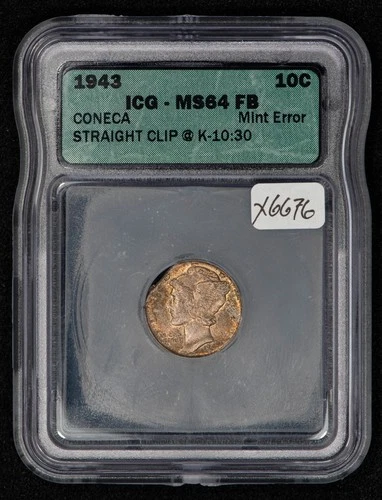 1943 10c Silver Mercury Dime Full Bands Error Straight Clip -ICG MS 64 FB- X6676