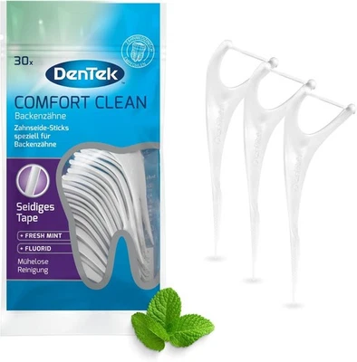 Dentek Comfort Clean Zahnseide Sticks Backenzähne Fluorid Zahnstocher 30 Stk.