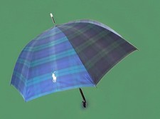 RALPH LAUREN-Huge Umbrella-Blackwatch Plaid-Embroidered BIG PONY-Hook Handle-VTG