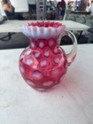 Fenton Cranberry Opalescent Glass Coin Dot Pitcher Vase 9 inch (spots)