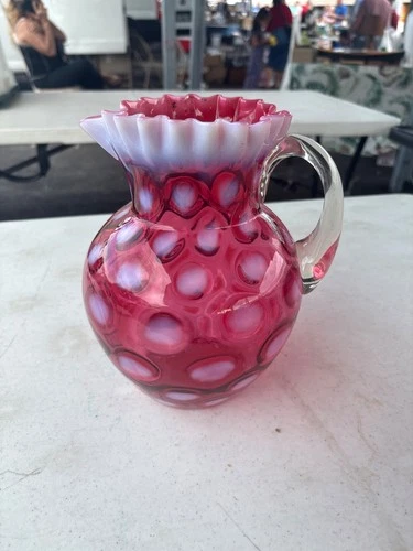 Fenton Cranberry Opalescent Glass Coin Dot Pitcher Vase 9 inch (spots)