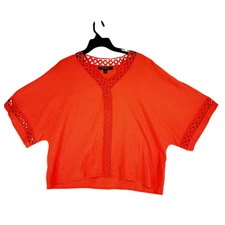 Marc New York Linen Crop Top L Womens Orangr Boxy Eyelet Lagenlook Nat Wings NEW