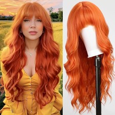 Womens Fashion Water Ripple Wig Orange Red Bangs Synthetic Hairpiece