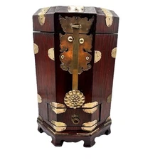 Vintage Chinese Wood And Brass Lined Hexagonal Tea Caddy With Bottom Drawer