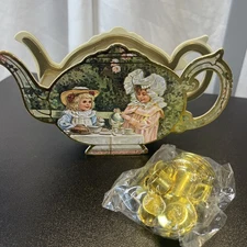 Shackman & Co. Miniature 1983 Gold-plated Plastic Toy Tea Set With Box Vintage