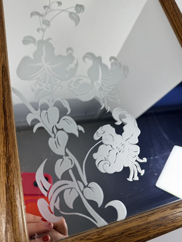 Vintage Frosted Etched Mirror Lily Floral Wood Frame 1980s 13.5x19.5"
