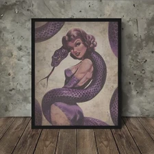 Vintage SNAKE GIRL Wall Art, Sexy Python Poster, Pinup Girl Reptile Room Decor