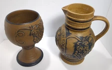 West Germany Pitcher and Goblet Grapes Vines Heavy Stoneware Pottery Decorative