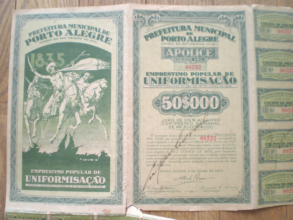 Brazil 50$000 1935 Loan Municipal City Porto Alegre Emprestimo Free Ship  World