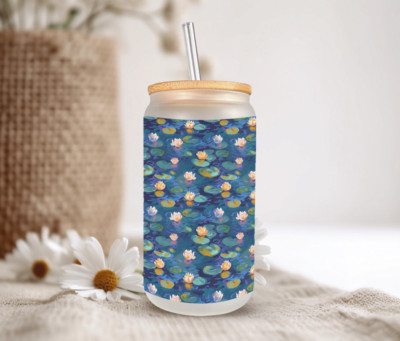Painted Water Lilies Frosted Glass Can W/ Bamboo Lid 16 Oz Glass Cup by Mugzan