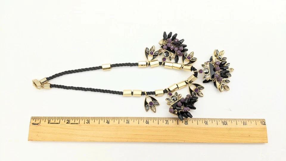 女士声明项链黑色绳子金色水晶簇 — 第 2/4 张图片