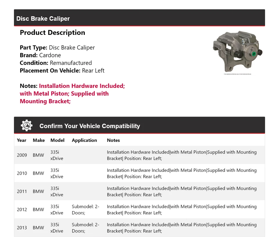 Pinza de freno de disco trasera izquierda Cardone 2010 2011 para BMW 335i xDrive 2009-2013 Foto 2 de 4
