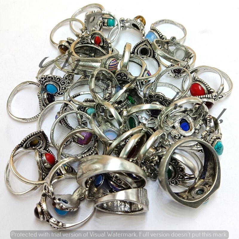 Elegante lote de joyas al por mayor de 10 piezas de anillos enchapados en plata 925 de coral y mezcla de piedras preciosas