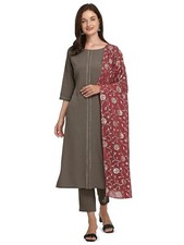 Women's Black Poly Crepe A-Line Kurta with Pant and Dupatta