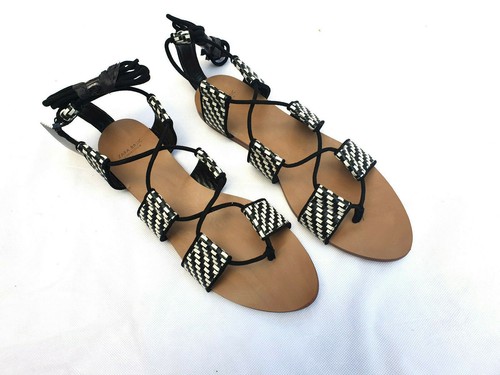 ZARA Sandalias Negro Blanco Cuadros Con Cordones Imitación Cuero Zapatos Planos Reino Unido 5 UE 38 - Imagen 7 de 10
