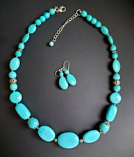Faux Turquoise Necklace Earrings Set Silver Tone Pierced Drop