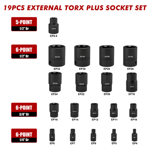 Ep Socket Set 19PCS External Torx Plus Socket Set 6 Point EP Socket EP4-EP32 5 Point ...