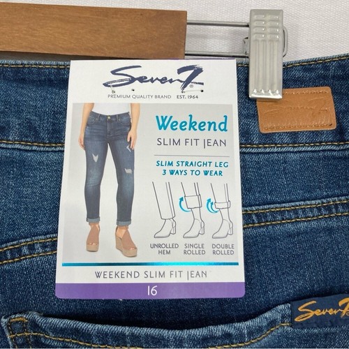 New Seven7 Blue Indigo Stretch Distressed Weekend Slim Fit Jeans size 16 - Picture 10 of 12