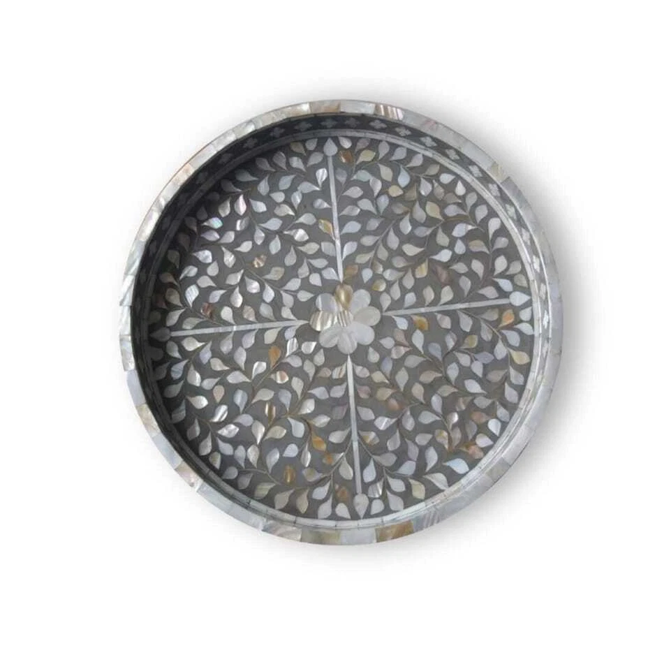 Handmade Round Tray Bone Inlay Flower Design Grey Serving Decorative inlay Tray - Image 3 of 3