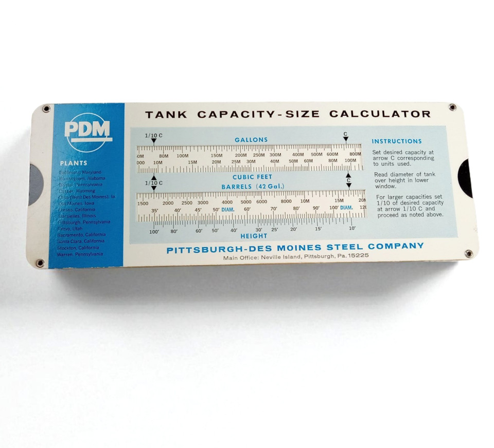 A hyper-specialized industrial slide rule built specifically for calculating steel tank capacity — a totally unexpected one-of-a-kind nerdy artifact.