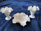 Vintage Fenton Milk Glass Hobnail Set 3 Pc Bud Vases & Ruffled Bowl White