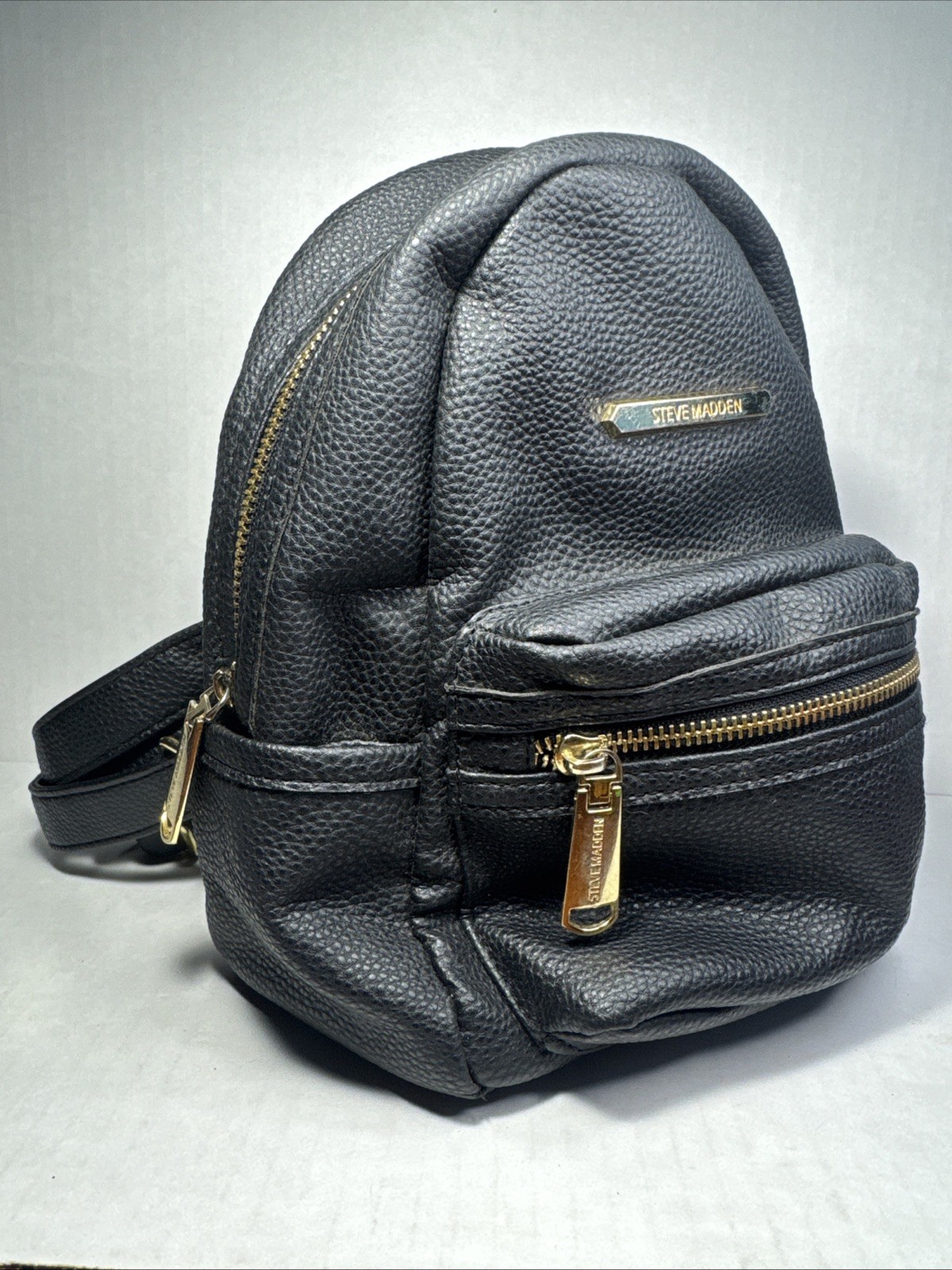 Steve Madden Black Pebbled Faux Leather Mini Backpack Gold Hardware Purse Bag