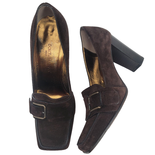 Dolce & Gabbana Size 6.5 High Heels Suede Leather Brown Square Toe Buckle Pumps
