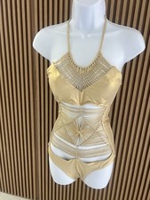 Luli Fama Heart of a Hippie Weave One Piece Swimsuit Gold Rush Small NWT