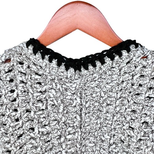 Hand Crochet Cozy Oversized Cardigan Med Bernat Blanket Speckle Yarn Black Trim - Picture 10 of 16