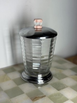 Vintage Art Deco Eiskübel aus Glas mit Chromdeckel rosa Plexiglasgriff