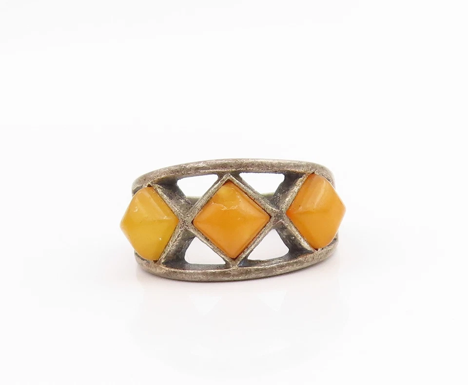 Anillo de plata de ley 925 vintage POLONIA banda ámbar de tres piedras talla 7 RG33872 Foto 2 de 4