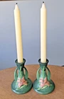 PAIR Roseville Pottery Green Zephyr Lily Candlesticks NICE Condition #1163-4 1/2