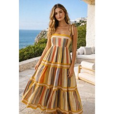 Zimmermann Mae Tie Shoulder Dress – Multi Stripe (Size 2) Boho Maxi