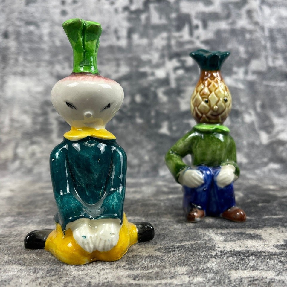 50s Japan-made anthropomorphic turnip and pineapple salt & pepper shakers — tiny, hand-painted, and wildly charming mid-century oddities.