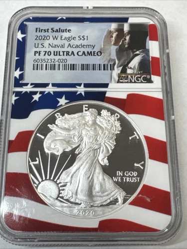 2020 W PROOF SILVER EAGLE NGC PF70 ULTRA CAM-US NAVAL ACADAMEY FIRST SALUTE(*176