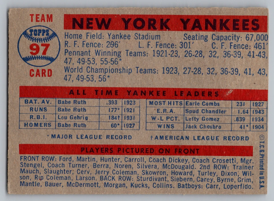 1957 TOPPS #97 NEW YORK YANKEES КОМАНДЫ КАРТА W/MANTLE/BERRA/FORD/SLAUGHTER - Изображение 2 из 3