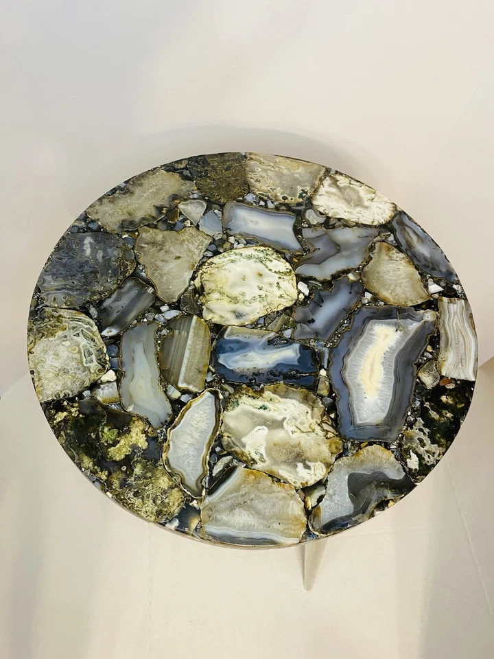 Consola/mesa auxiliar de cuarzo y ágata azul natural trípode cromado India 15,3 lb de colección Foto 4 de 4