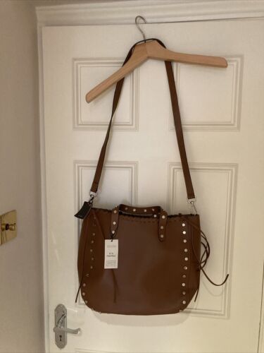 Zara Camel Brown Real Leather Silver Studded Large Tote Bag-BNWT - Picture 1 of 11