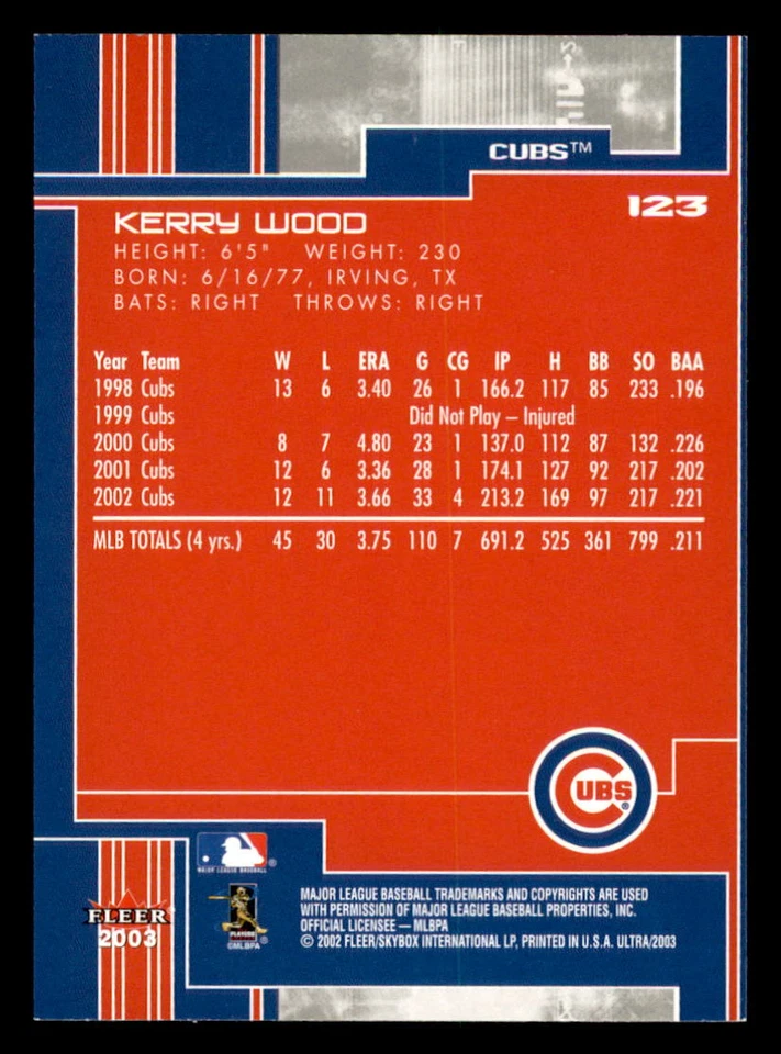 2003 Ultra  #123 Kerry Wood Chicago Cubs - Image 2 of 2