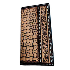 Country Western Floral Tooled Geometric Leather Rodeo Wallet Rawhide Buck Stitch